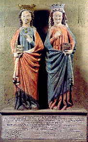 Bemalte Figuren aus dem 13. Jahrhundert der Stifterinnen Hildeswit (links) und ihrer Tochter Alburg am sdwestlichen Vierungspfeiler in der ehemaligen Stiftskirche, 13. Jahrhundert
