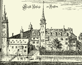 Schloss "Hessem", Stich von Merian, um 1654